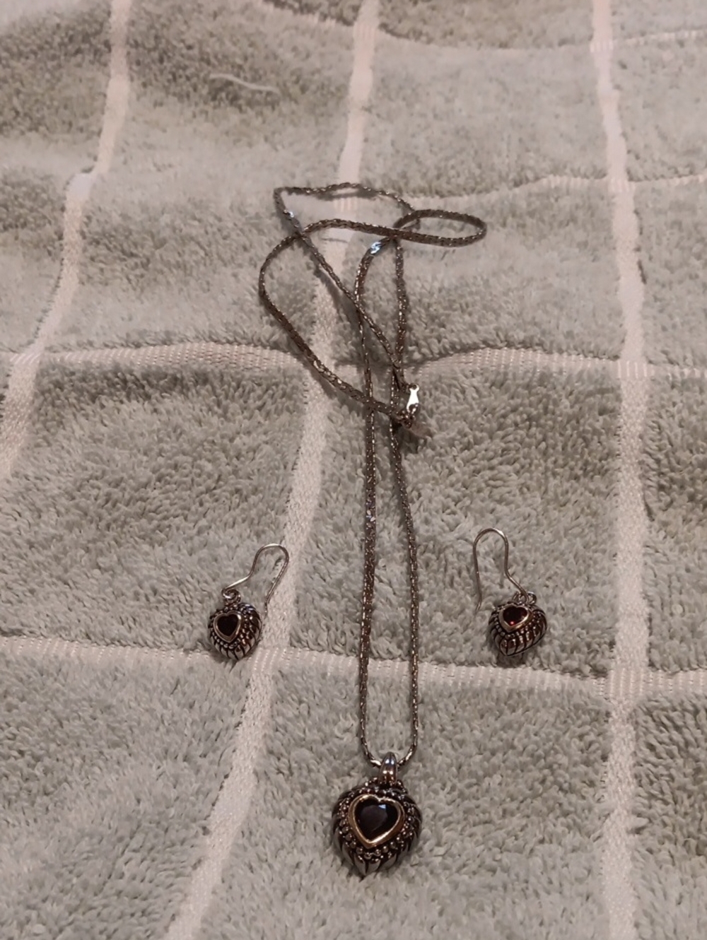Silver-Tone Heart Pendant Necklace and Earrings Set with Red Glass Stones